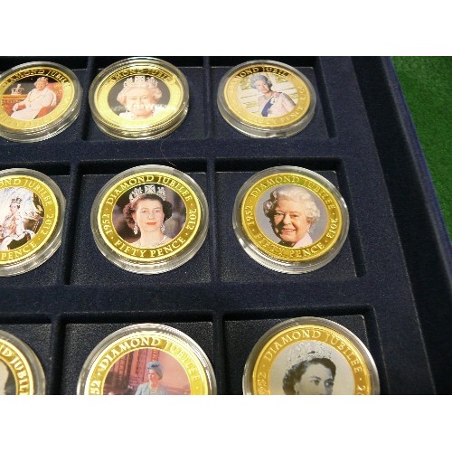 58 - SET OF TWELVE DIAMOND JUBILEE COMMEMORATIVE COINS ALL WITH CERTIFICATES, IN A NAVY PRERSENTATION BOX... 