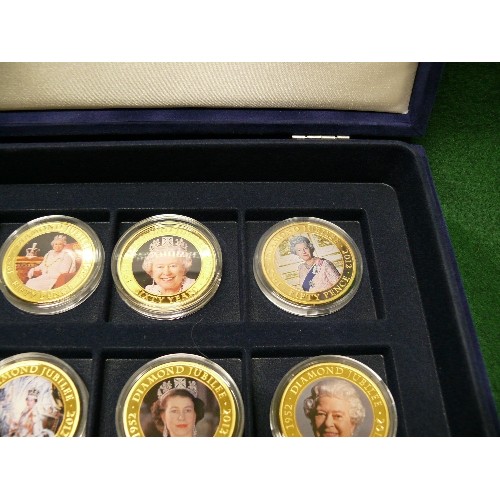 58 - SET OF TWELVE DIAMOND JUBILEE COMMEMORATIVE COINS ALL WITH CERTIFICATES, IN A NAVY PRERSENTATION BOX... 