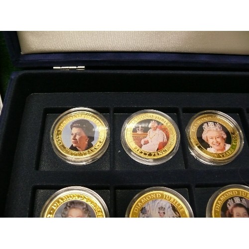 58 - SET OF TWELVE DIAMOND JUBILEE COMMEMORATIVE COINS ALL WITH CERTIFICATES, IN A NAVY PRERSENTATION BOX... 