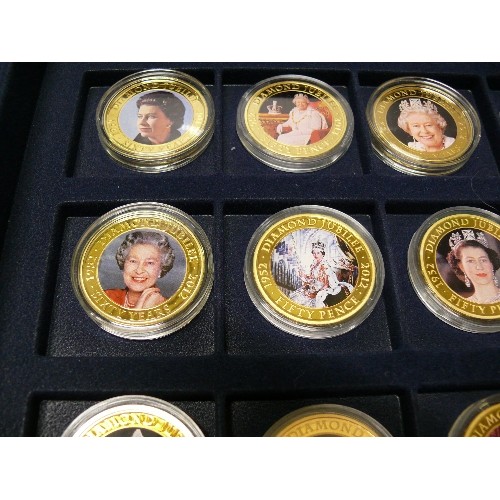 58 - SET OF TWELVE DIAMOND JUBILEE COMMEMORATIVE COINS ALL WITH CERTIFICATES, IN A NAVY PRERSENTATION BOX... 