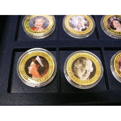 58 - SET OF TWELVE DIAMOND JUBILEE COMMEMORATIVE COINS ALL WITH CERTIFICATES, IN A NAVY PRERSENTATION BOX... 