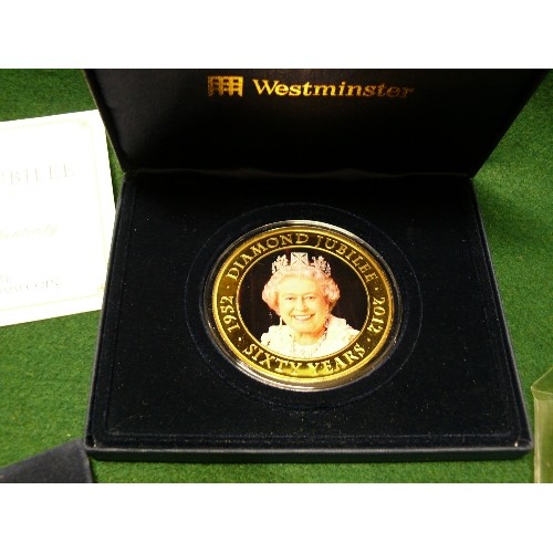 59 - DIAMOND JUBILEE SUPERSIZE COIN 65mm IN PRESENTATION BOX WITH CERTIFICATE, £5 COIN WITH CERTIFICATE P... 