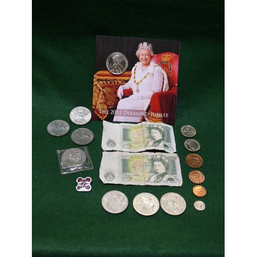 60 - 2012 DIAMOND JUBILEE COIN  AND 2012 ANNUAL COIN SET, TWO £1 NOTES, PLUS SEVERAL COLLECTABLE CROWNS, ... 