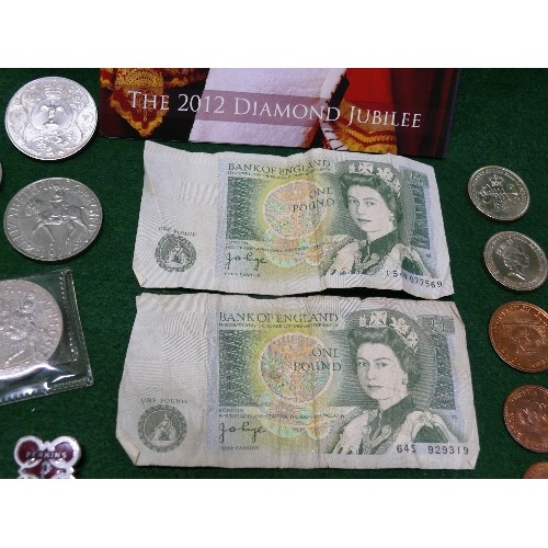 60 - 2012 DIAMOND JUBILEE COIN  AND 2012 ANNUAL COIN SET, TWO £1 NOTES, PLUS SEVERAL COLLECTABLE CROWNS, ... 