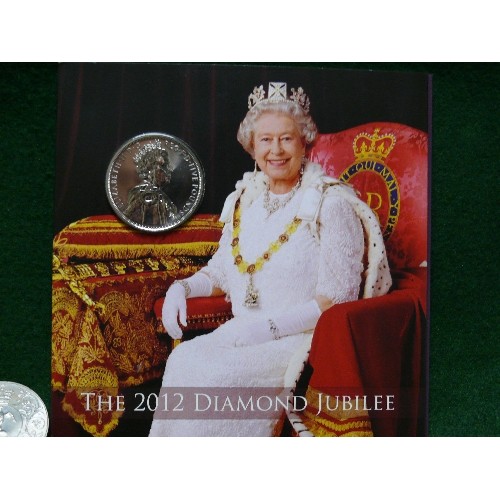 60 - 2012 DIAMOND JUBILEE COIN  AND 2012 ANNUAL COIN SET, TWO £1 NOTES, PLUS SEVERAL COLLECTABLE CROWNS, ... 