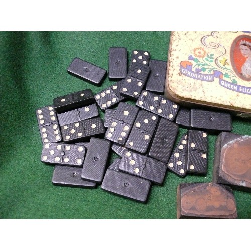 26 - MIXED LOT OF TWO RACING CAR PRINTING BLOCKS, DOMINOES, PENS, TIN AND A BRASS LOCK.