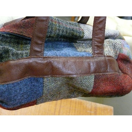 44 - PURE WOOL PATCHWORK BAG WITH LEATHER HANDLE.