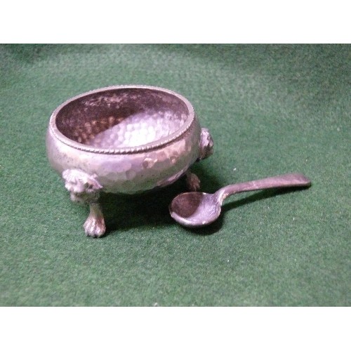 5 - SHEFFIELD PLATED SUGAR SCUTTLE & SHOVEL, TWO PLATED NAPKIN RINGS & A PEWTER OPEN SALT & MATCHING SPO... 