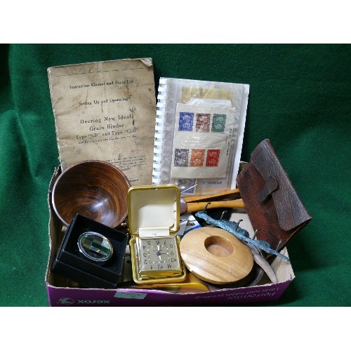 29 - MIXED BOX - GLASS PILL BOX,  GOATSKIN WALLET, WESTCLOX ALARM CLOCK, TREEN ETC.