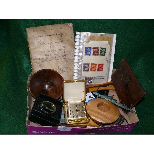 29 - MIXED BOX - GLASS PILL BOX,  GOATSKIN WALLET, WESTCLOX ALARM CLOCK, TREEN ETC.