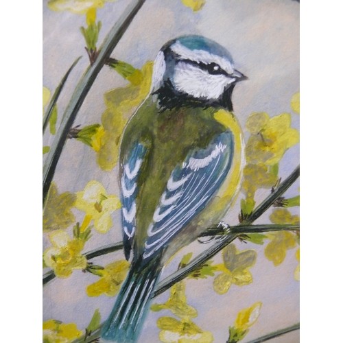 34 - BEAUTIFUL WATERCOLOUR OF BLUETITS AND BLOSSOM SIGNED BY THE ARTIST EILEEN HARD.