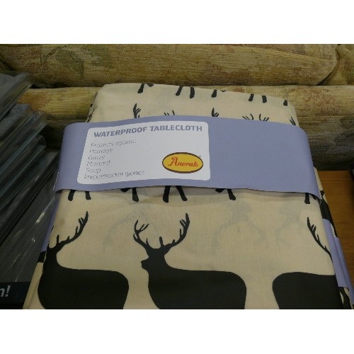 48 - SIX WATERPROOF TABLECLOTHS, STAG DESIGN, SIZE 145cm X 300cm, AND ONE SIZE 145cm x 200cm.  MADE FOR A... 