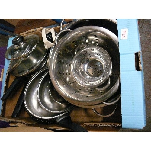 1024 - TRAY OF STAINLESS STEEL WARES, PANS ETC.