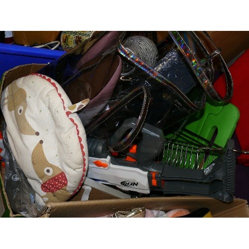 1027 - BOX OF MIXED -  NERF GUN, STAINLESS STEEL RACK, TEA COSY AND VARIOUS.