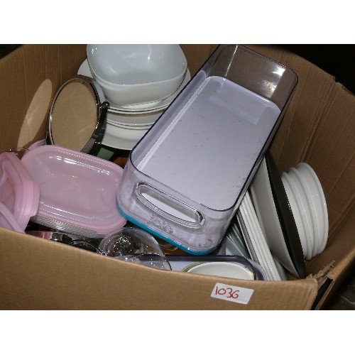 1036 - LARGE MIXED BOX, STORAGE CONTAINERS,  GLASS, PLATES, MIRROR.