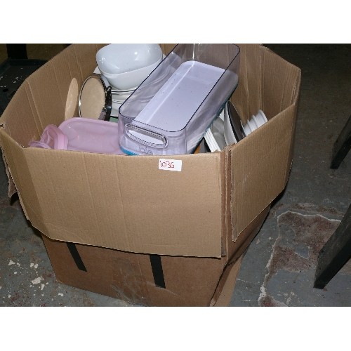 1036 - LARGE MIXED BOX, STORAGE CONTAINERS,  GLASS, PLATES, MIRROR.