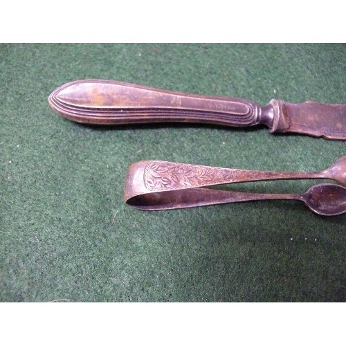 7 - BUTTER KNIFE WITH STERLING SILVER HANDLE, SHEFFIELD 1916 & SILVER SUGAR NIPS, BIRMINGHAM 1911.