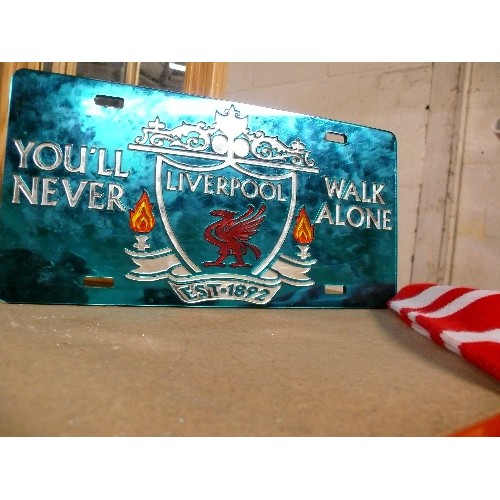 402 - LARGE LIVERPOOL THE FINAL 26-5-2018 FLAG, NECK SCARF AND A PLAQUE - 'YOU'LL NEVER WALK ALONE'.