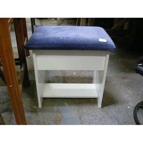 414 - STORAGE TOOL WITH NAVY VELOUR PADDED SEAT.