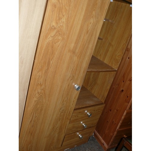 425 - A SMALL RETRO WOODEN WARDROBE WITH THREE DRAWERS AND OPEN SHELVING.