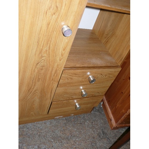 425 - A SMALL RETRO WOODEN WARDROBE WITH THREE DRAWERS AND OPEN SHELVING.