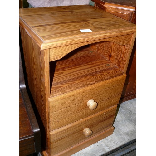 428 - PINE BEDSIDE WITH TWO DRAWERS AND A SHELF.