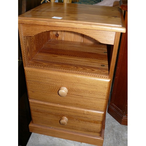 428 - PINE BEDSIDE WITH TWO DRAWERS AND A SHELF.