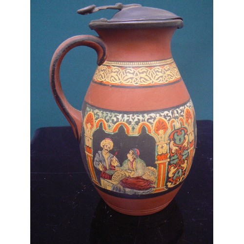 140 - Mid Victorian terracotta water jug with pewter lid by T Booth, Hanley, Staffs. The body decorated wi... 