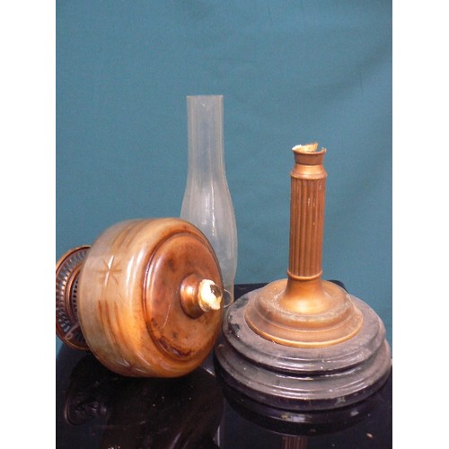 319A - A Victorian oil lamp with cut glass font and with chimney, the brass  burner marked 