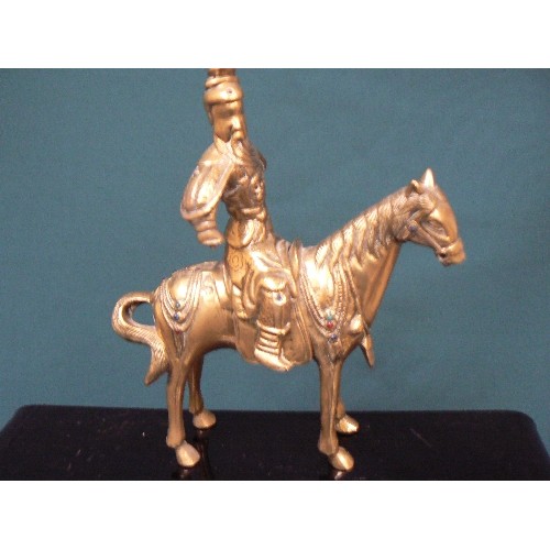 219 - Vintage solid brass warrior figure, possibly Genghis Khan on horseback, inlaid with coloured stones.... 