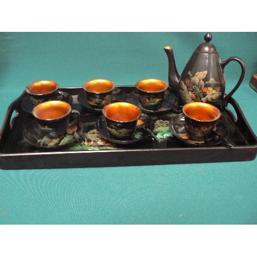 149A - Mid 20th Century Japanese lacquered teaset with teapot & tray, hand decorated with mountainous lands... 