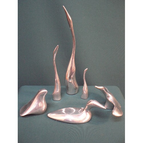 136 - Six signed Hoselton of Canada polished aluminium sculptures, birds, swans and geese , models 115, 27... 