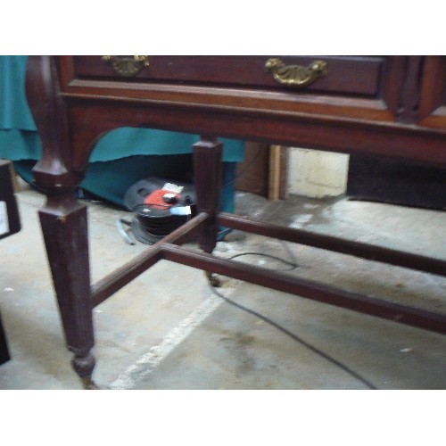 384 - Late Victorian mahogany desk, the top with upstand and two drawers, original brass handles and origi... 