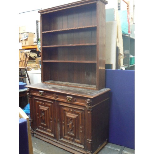 385 - Large Victorian mahogany sideboard with ornate panelled doors between split column sides, carved lio... 