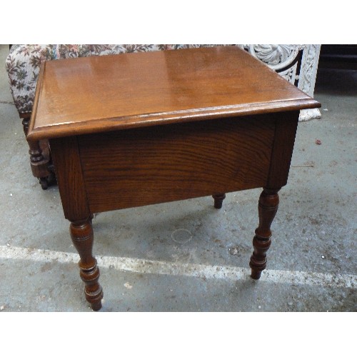 387 - Oak sewing box stool or table with contents of sewing items - button tins etc.