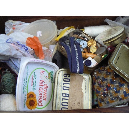 387 - Oak sewing box stool or table with contents of sewing items - button tins etc.