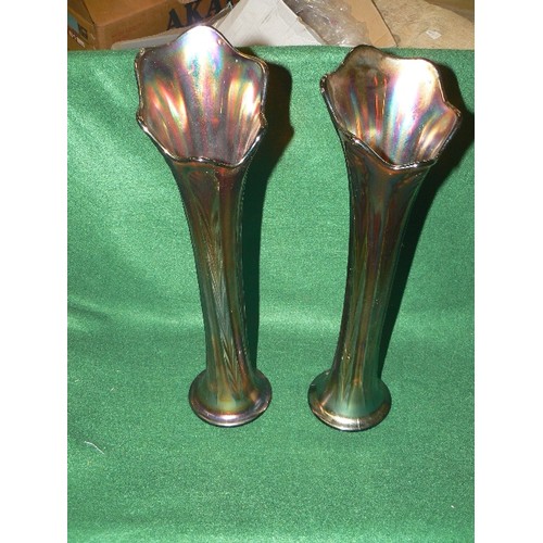 66 - A PAIR OF LARGE CARNIVAL GLASS VASES (ONE HAS A CHIP TO BASE).