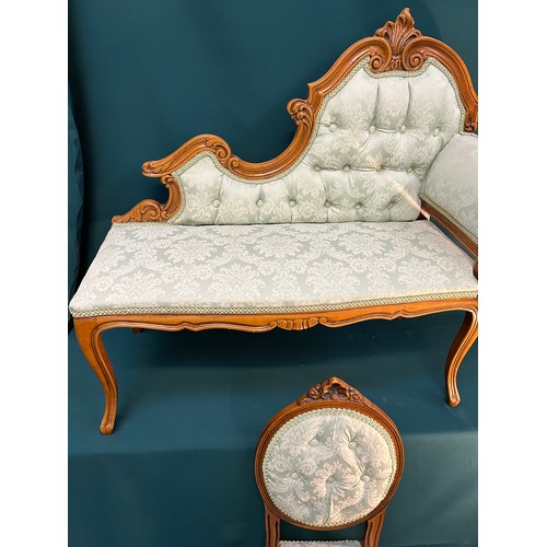 405 - Late 20th Century French style small chaise longue on cabriole legs, with carved back rail, upholste... 