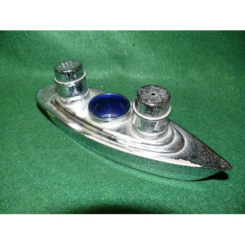 105 - A SILVER PLATE BOAT CRUET SET WITH ORIGINAL BLUE GLASS LINER.