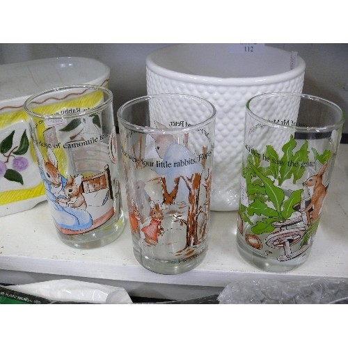 112 - THREE PETER RABBIT GLASSES PLUS TWO CERAMIC PLANTERS.