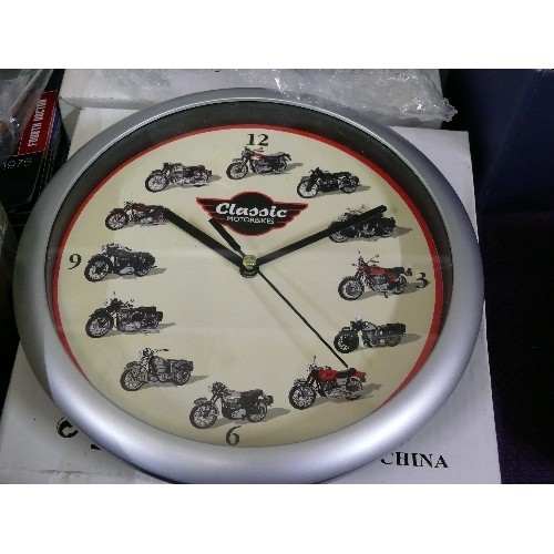 124 - TWO NEW MOTORBIKE WALL CLOCKS WITH BOXES