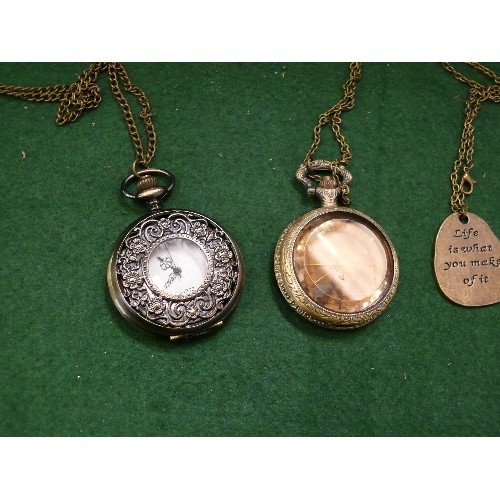 74 - A SELECTION OF ANTIQUE STYLE POCKET WATCHES AND CHAINS.