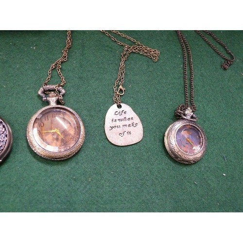 74 - A SELECTION OF ANTIQUE STYLE POCKET WATCHES AND CHAINS.