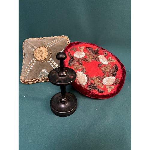 135 - Victorian pincushion, beadwork table mat, ebony hatpin stand