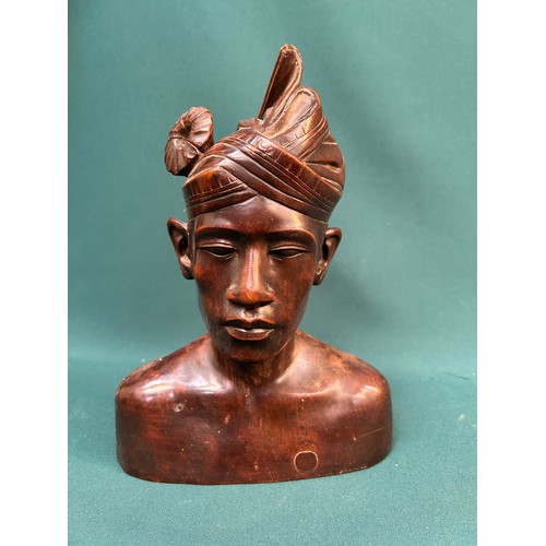 132 - Mid Century Balinese carved hardwood bust of a man in traditional headgear 