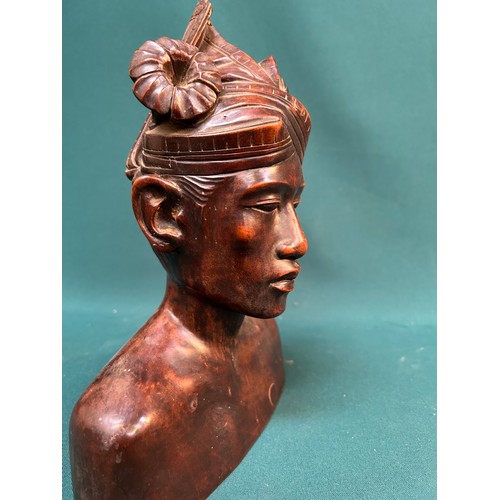 132 - Mid Century Balinese carved hardwood bust of a man in traditional headgear 