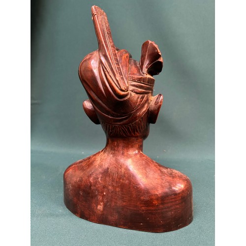 132 - Mid Century Balinese carved hardwood bust of a man in traditional headgear 