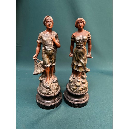 17 - Pair of 19th Century French Spelter figures of Fishermen on turned wood bases . 28cm