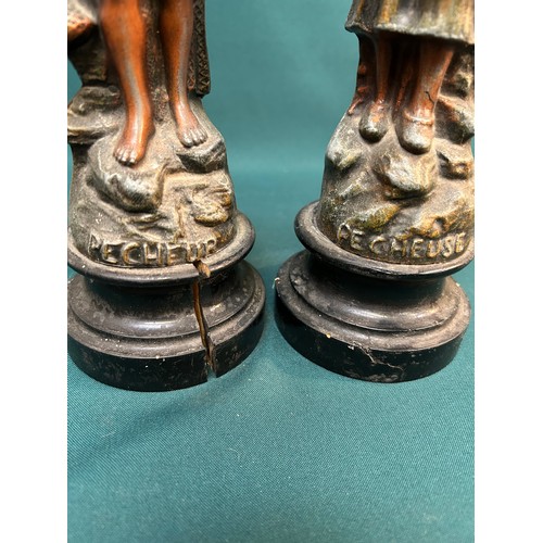 17 - Pair of 19th Century French Spelter figures of Fishermen on turned wood bases . 28cm