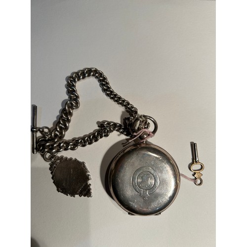 27C - A sterling silver cased pocket watch & a Double Albert chain with fob & T bar. The watch by Kendal &... 